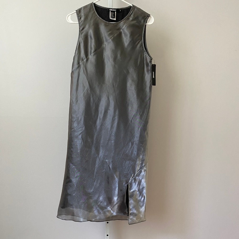 VTG‎ DKNY Y2K Office Siren Minimalist Sleeveless Midi Dress 8 Silver